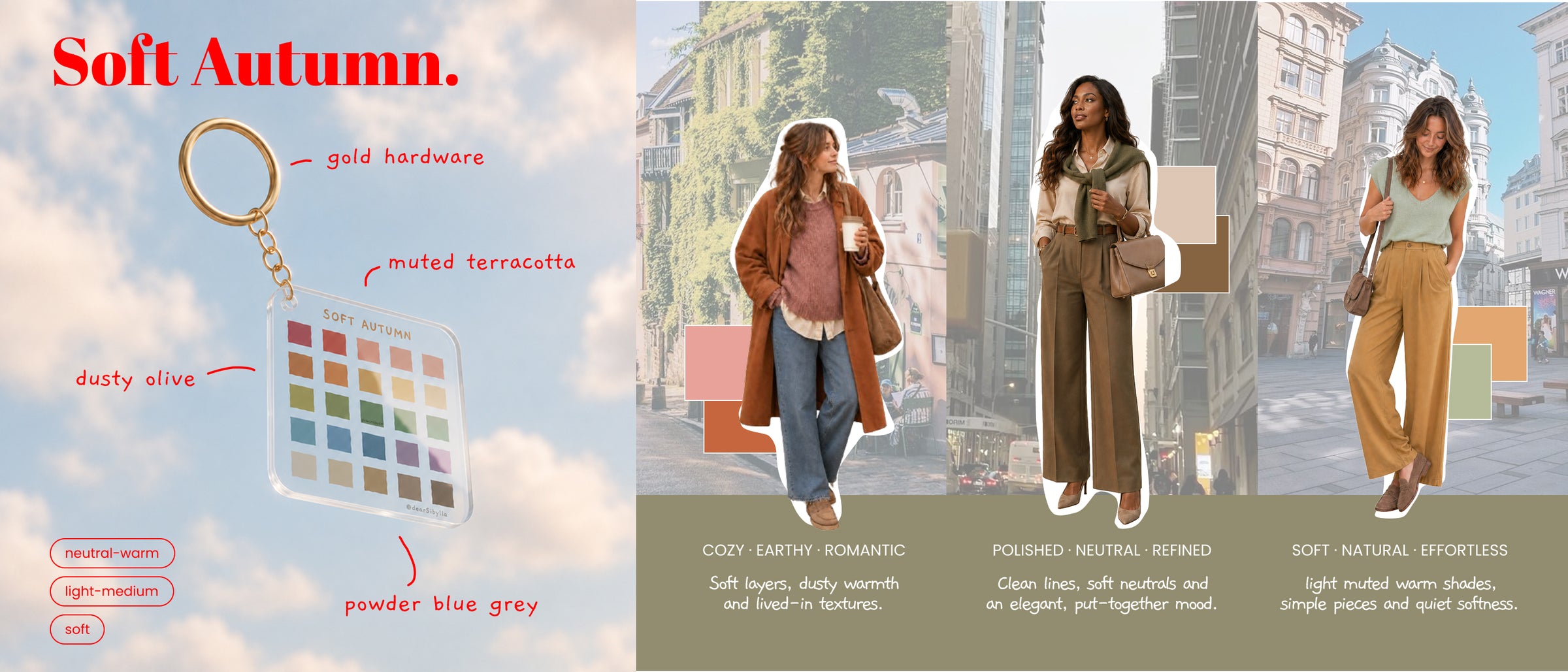 Autumn seasonal color palette keychains: Soft Autumn, True Autumn and Deep Autumn by Dear Sibylla