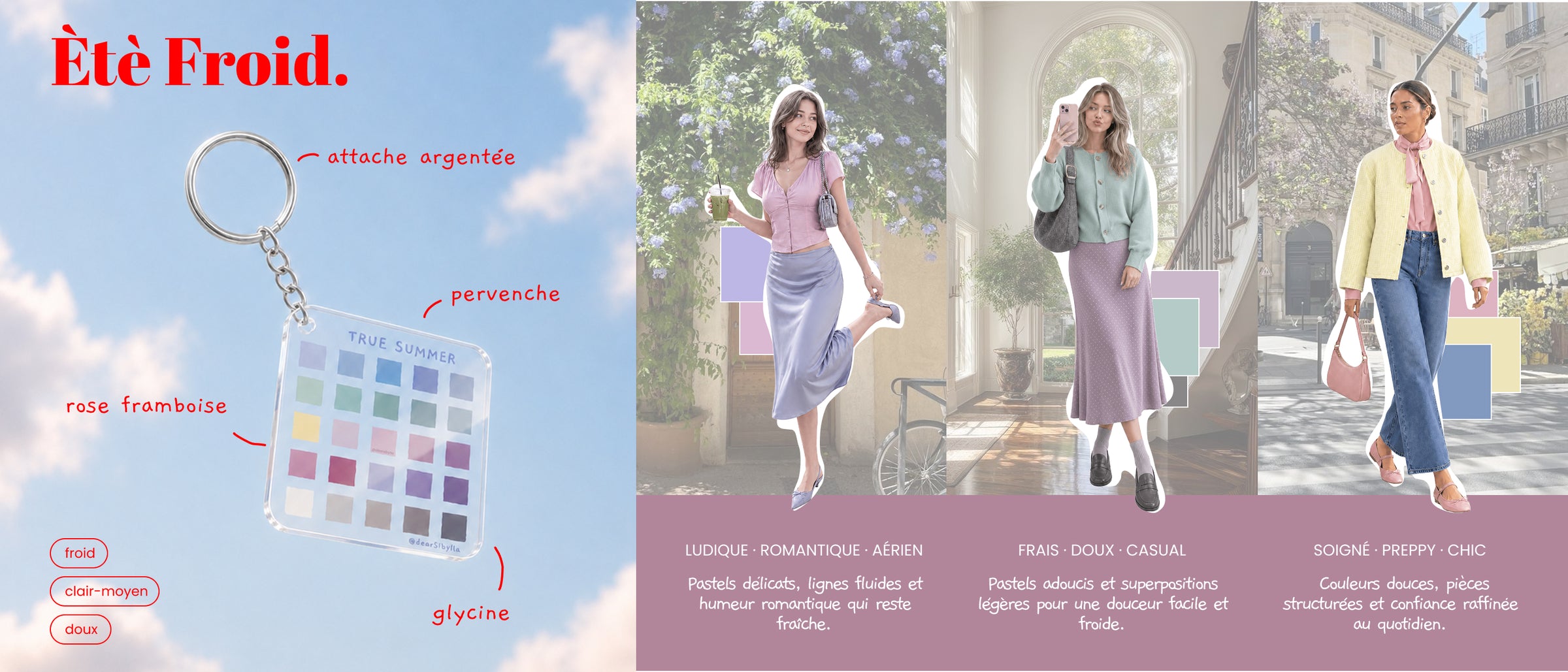 Porte-clés palettes colorimétrie été : Light Summer, Été Clair, True Summer, Été Vrai, Soft Summer, Été Doux par Dear Sibylla