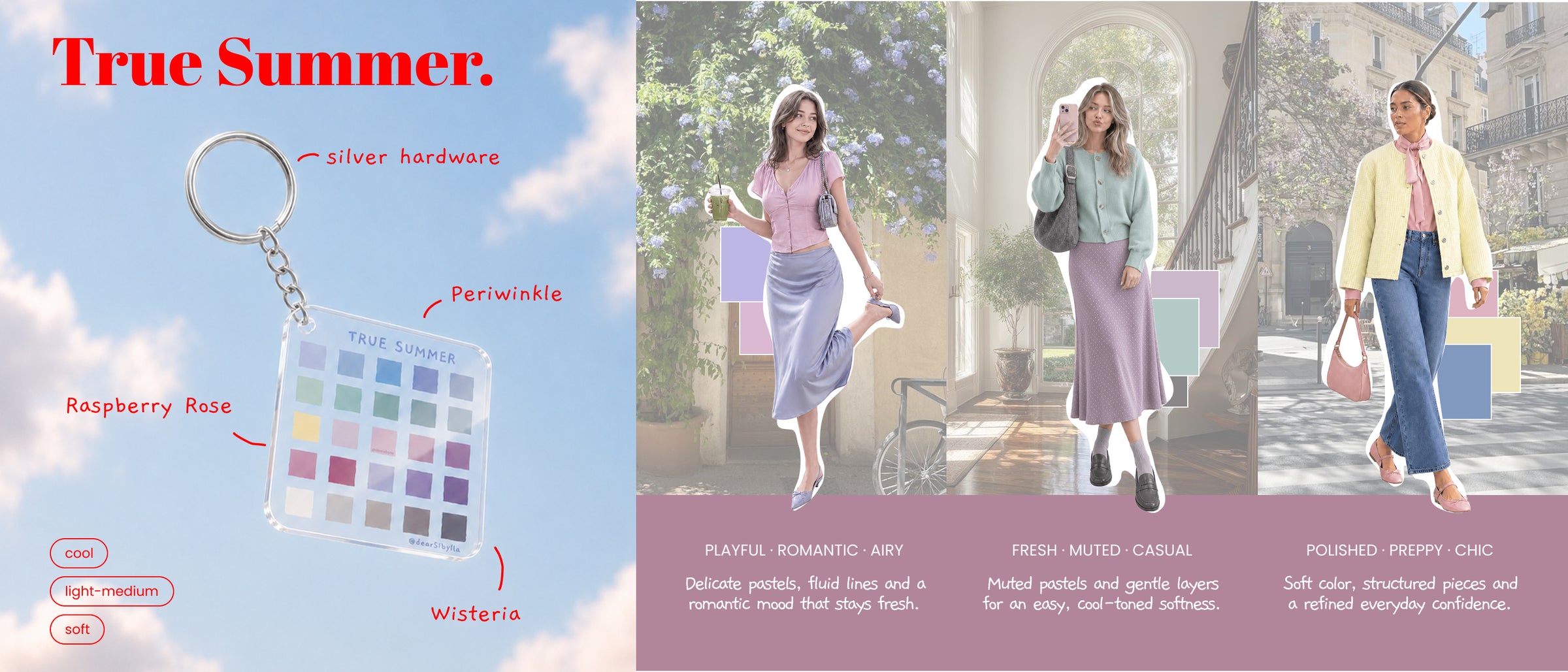 Summer seasonal color palette keychains: Light Summer, True Summer and Soft Summer by Dear Sibylla